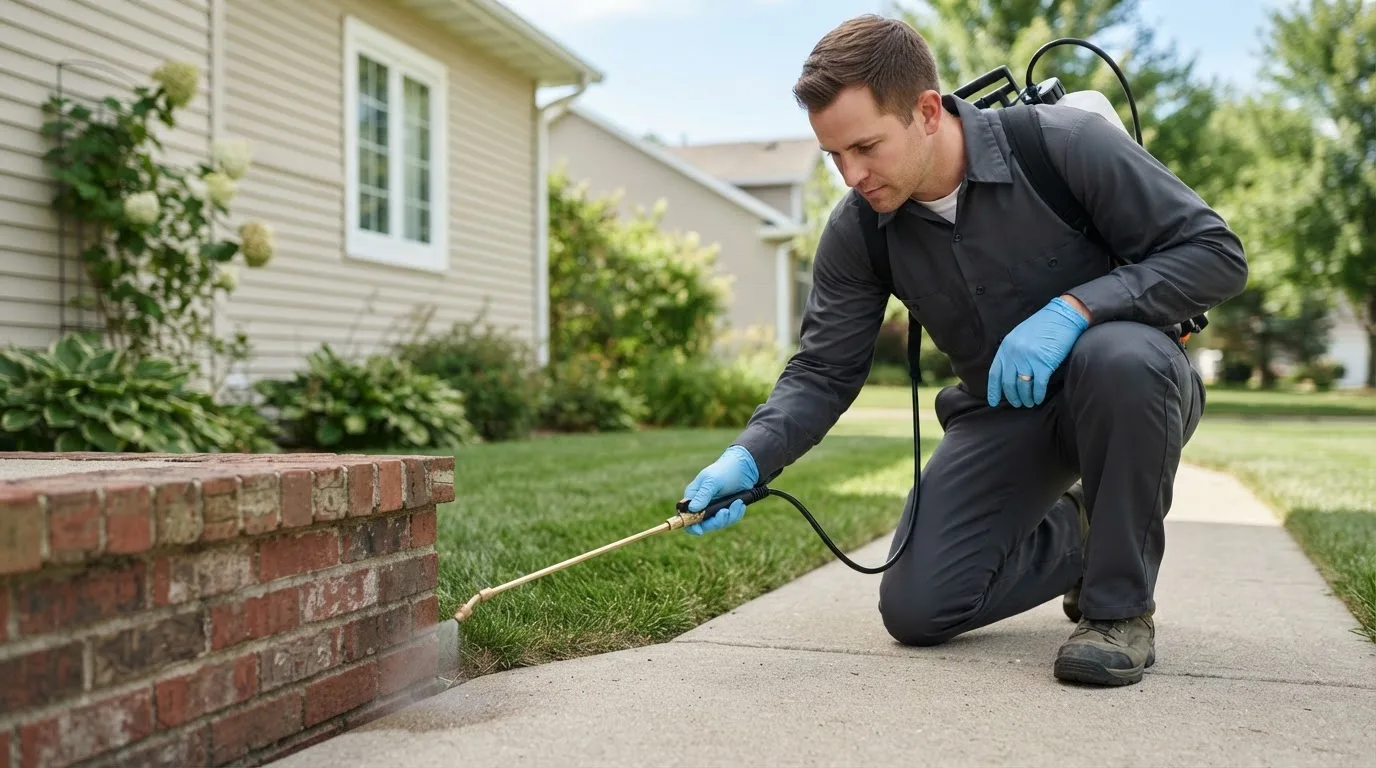 Pest control technician treating a home near Sacul, TX